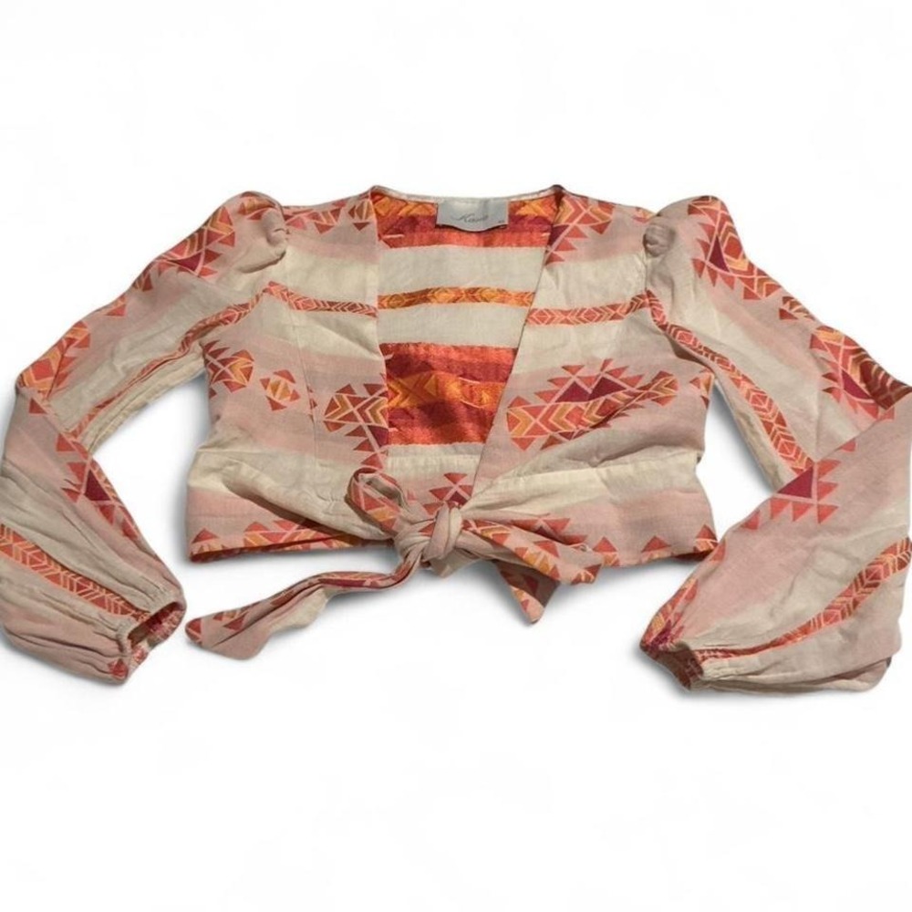 Kasia Tie Front Crop Top Womens XS Pink Orange Geometric Cotton Made in Greece
